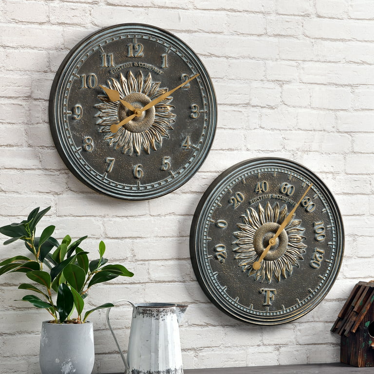 FirsTime & Co. Verdigris Calisto Sunflower Outdoor Wall Clock And  Thermometer 2-Piece Set, Rustic, Plastic, 16 x 1.12 x 16 inches