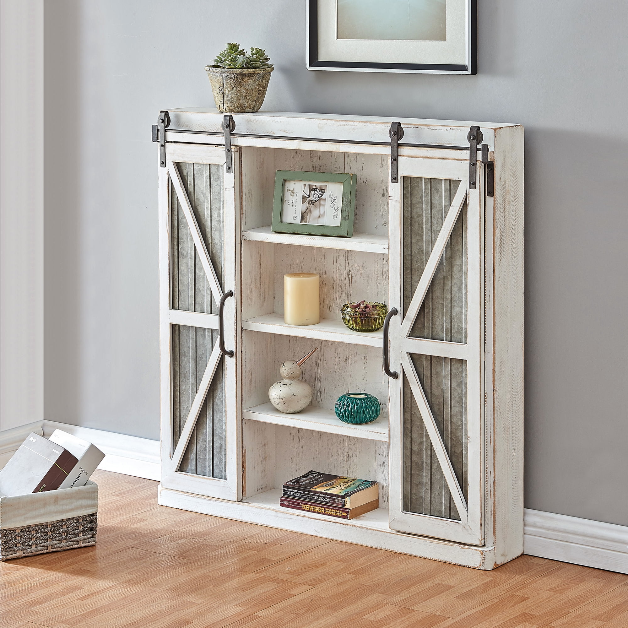 FirsTime  Co. White And Silver Wynne Barn Door Cabinet, Farmhouse, Aged,  Square,Wood, 34 x 5.5 x 33 in