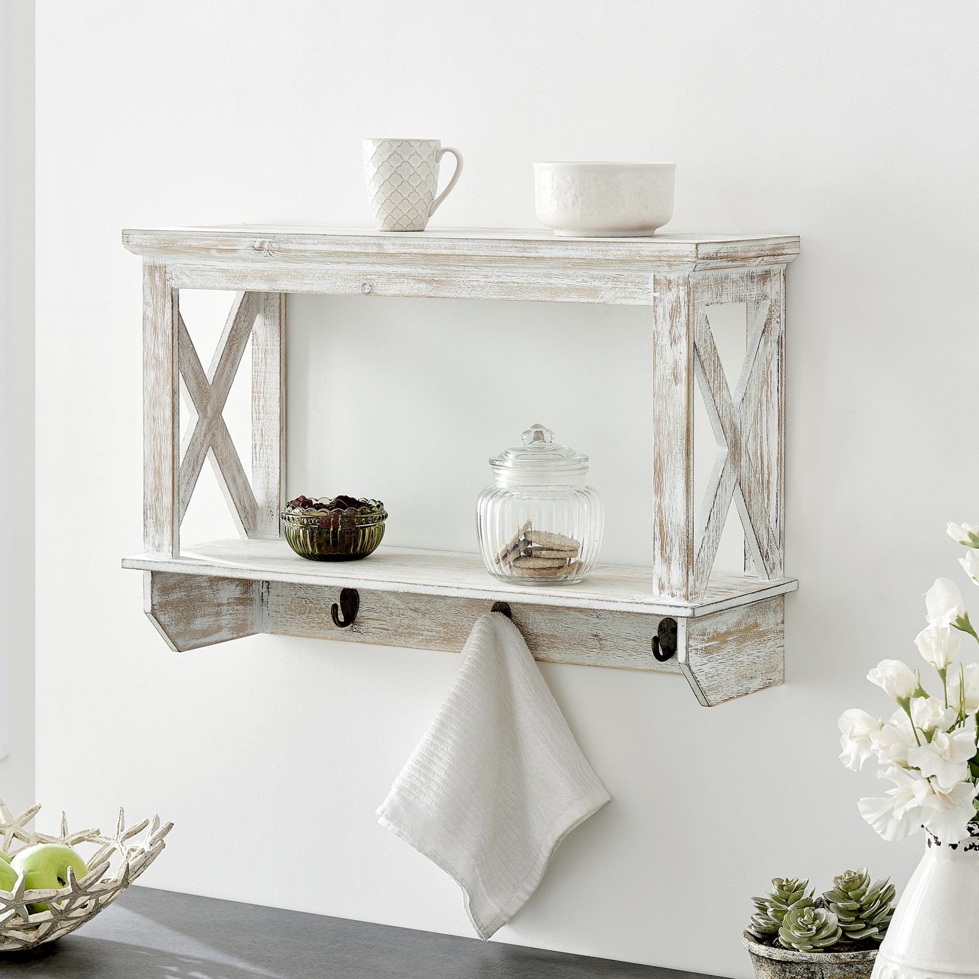 FirsTime Co. White Jovi Wall Shelf With Hooks Farmhouse Washed Rectangular Wood 23.5 x 7.75 x 15.75 in Walmart