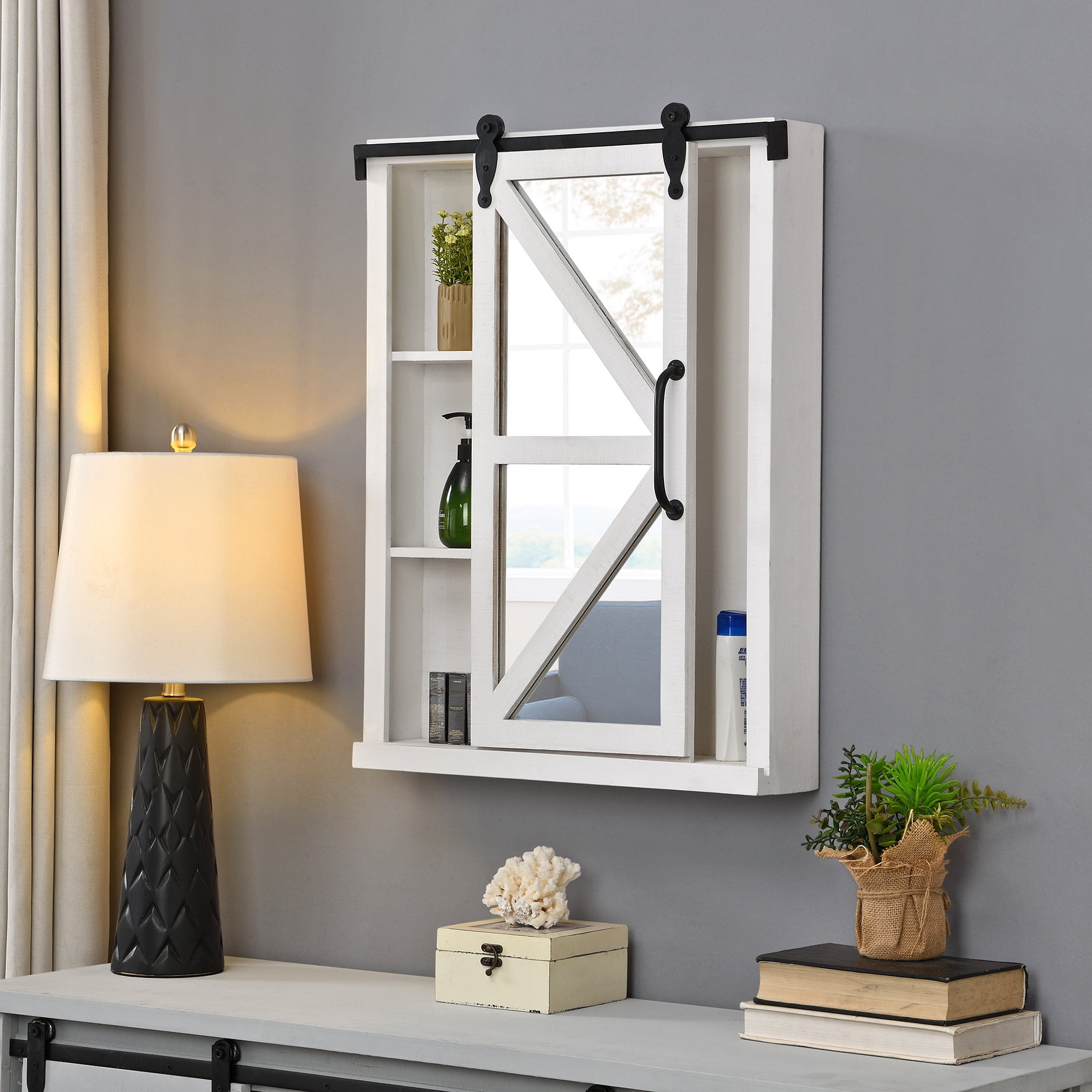 FirsTime & Co. White Winona Barn Door Mirrored Cabinet, Farmhouse, Square, 21 x 5.5 x 28 in