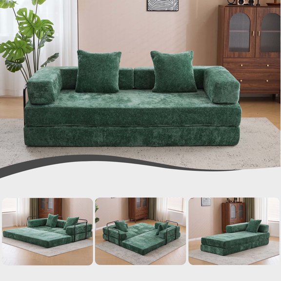 Firscook 4-in-1 Convertible Chenille Floor Sofa Bed with Armrest & Pillow, No Assembly, Dark Green