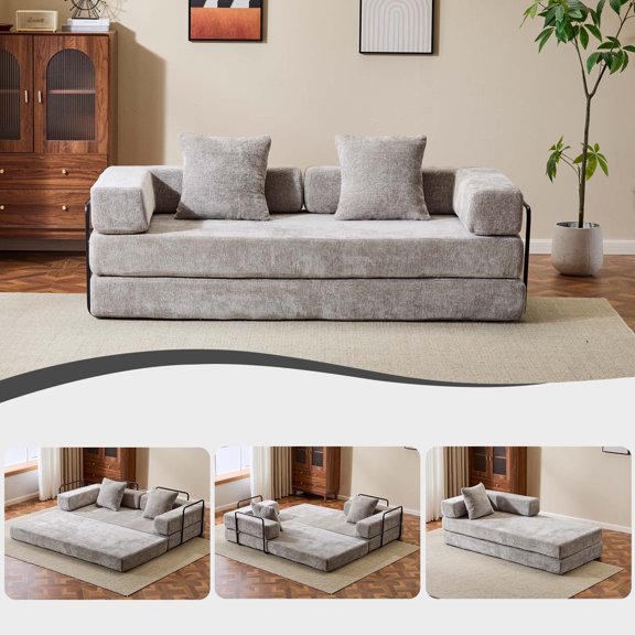 Firscook 4-in-1 Convertible Chenille Floor Sofa Bed with Armrest & Pillow, No Assembly, Light Gray