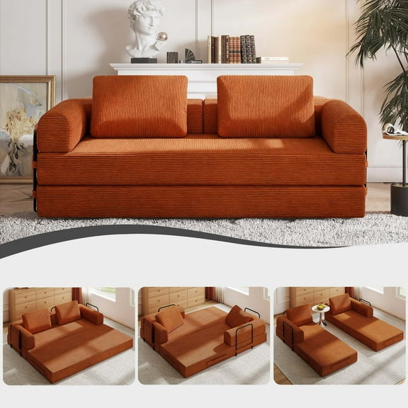 Firscook 4-in-1 Convertible Corduroy Sleeper Sofa Bed with Cylindrical Pillow, No Assembly, Orange