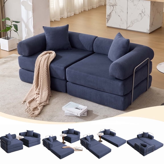 Firscook 73" Modular Convertible Sofa Bed, 4-Piece Folding Couch with Removable Armrests, Corduroy Sleeper Sofa for Small Spaces, No Assembly,Blue