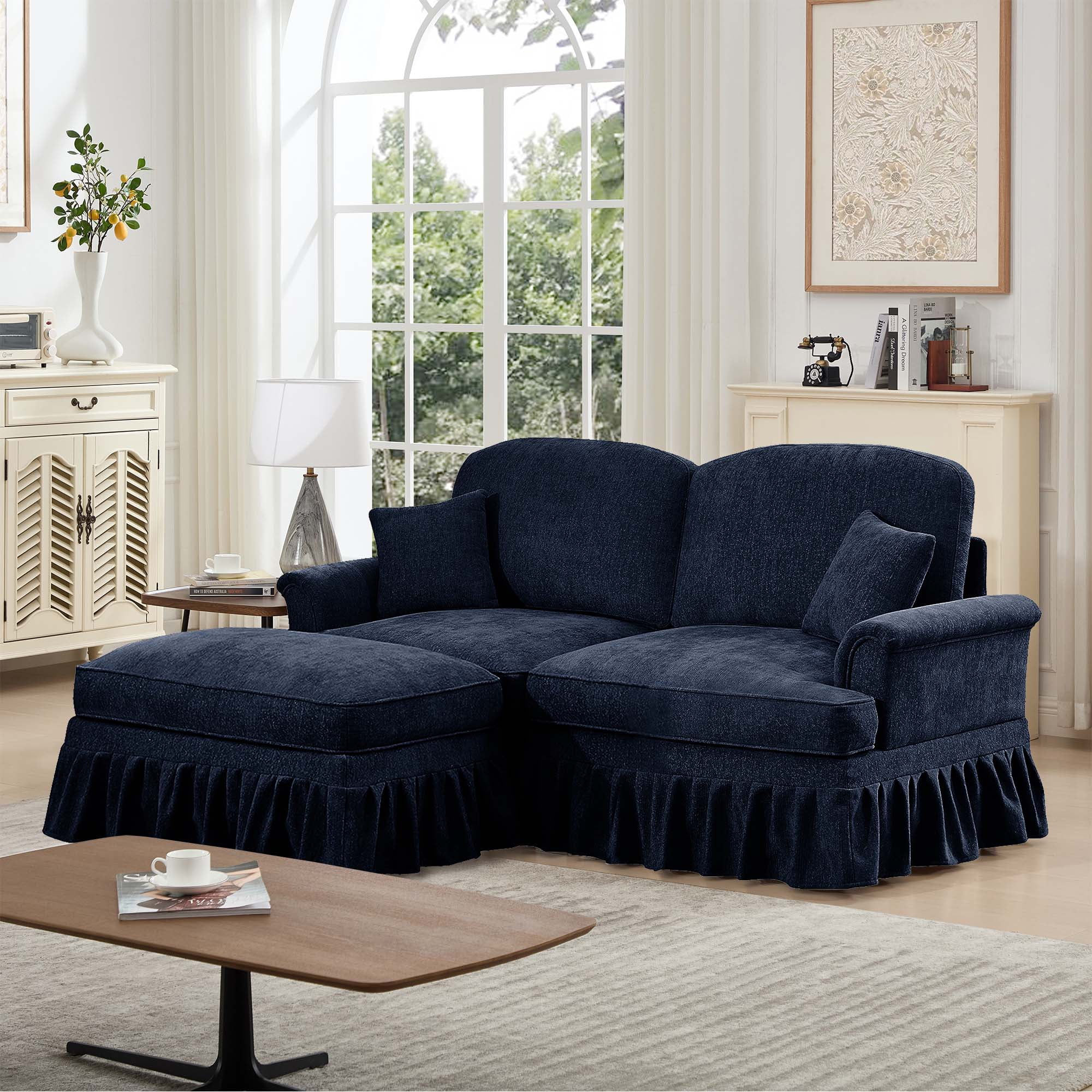 Firscook 76" Chenille Loveseat Sofa with Ottoman, L Shaped Couch for Living Room, Blue