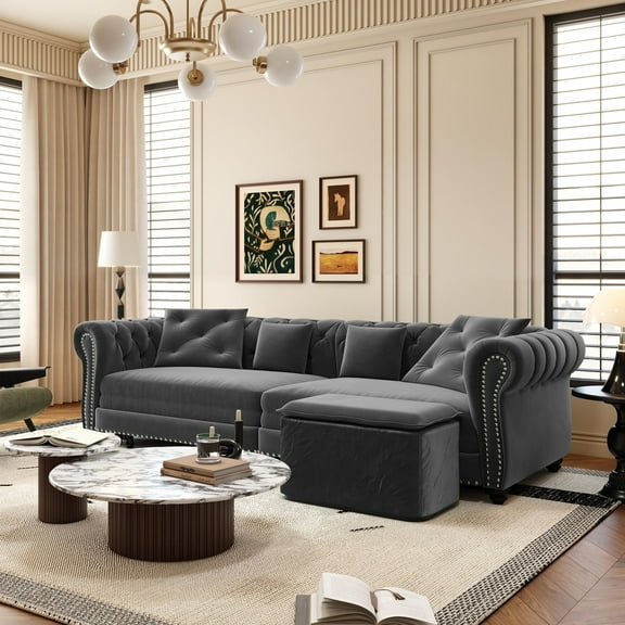 Firscook 89" Chesterfield King Size Pull Out Sofa Bed with Ottoman, Velvet Sleeper for Guest Room, Gray