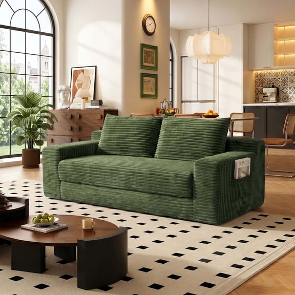 Firscook 73.25" Boneless Convertible Sofa Bed, 2-Seater Corduroy Pull-Out Sleeper Loveseat with Pocket Springs and 2 Side Pockets, Green