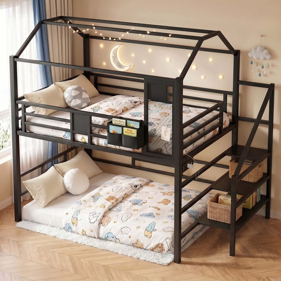 Firscook Full House Bunk Bed and Loft Bed with Storage Stairs, Charging Station and Warm String Lights, Black