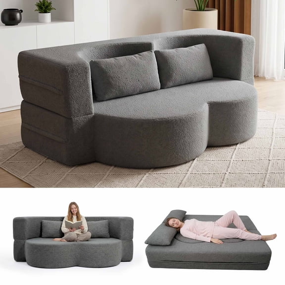 Firscook Full Size Boneless Couch Bed, 15" Convertible Folding Futon Sofa Bed with 2 Pillows, Teddy Fabric Foam Sleeper Couch, No Assembly,Gray