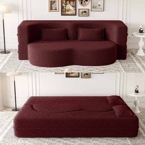 Firscook Full Size Floor Sofa Bed with 2 Pillows, Convertible Teddy Fabric Sleeper Couch, Foam-Filled Foldable Mattress, No Assembly,Burgundy
