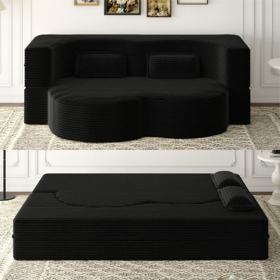 Firscook Full Size Folding Sofa Bed with 2 Pillows, 15" Convertible Corduroy Sleeper Couch, Foam-Filled Foldable Mattress, No Assembly,Black