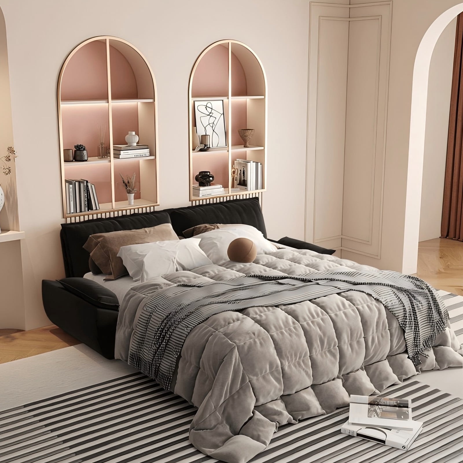 Firscook 73.2" Queen Pull Out Sofa Bed, Velvet Convertible Sleeper Couch for Small Spaces, Black