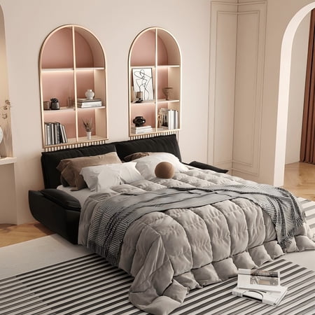 Firscook 73.2" Queen Pull Out Sofa Bed, Velvet Convertible Sleeper Couch for Small Spaces, Black