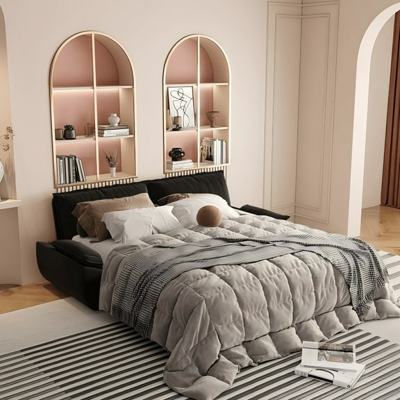 Firscook 73.2" Queen Pull Out Sofa Bed, Velvet Convertible Sleeper Couch for Small Spaces, Black