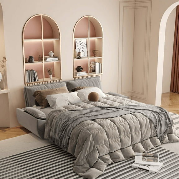 Firscook 73.2" Queen Pull Out Sofa Bed, Velvet Convertible Sleeper Couch for Small Spaces, Gray