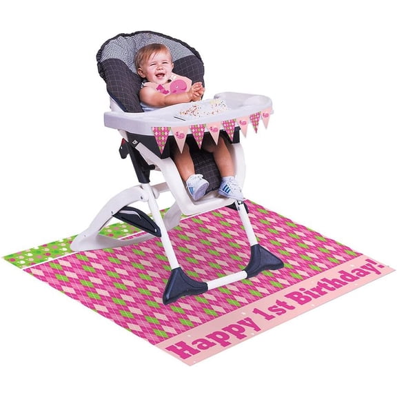 First 1st Birthday Girls Pink High Chair Party Decoration Kit - Banner & Floor Mat - 2 Piece Set
