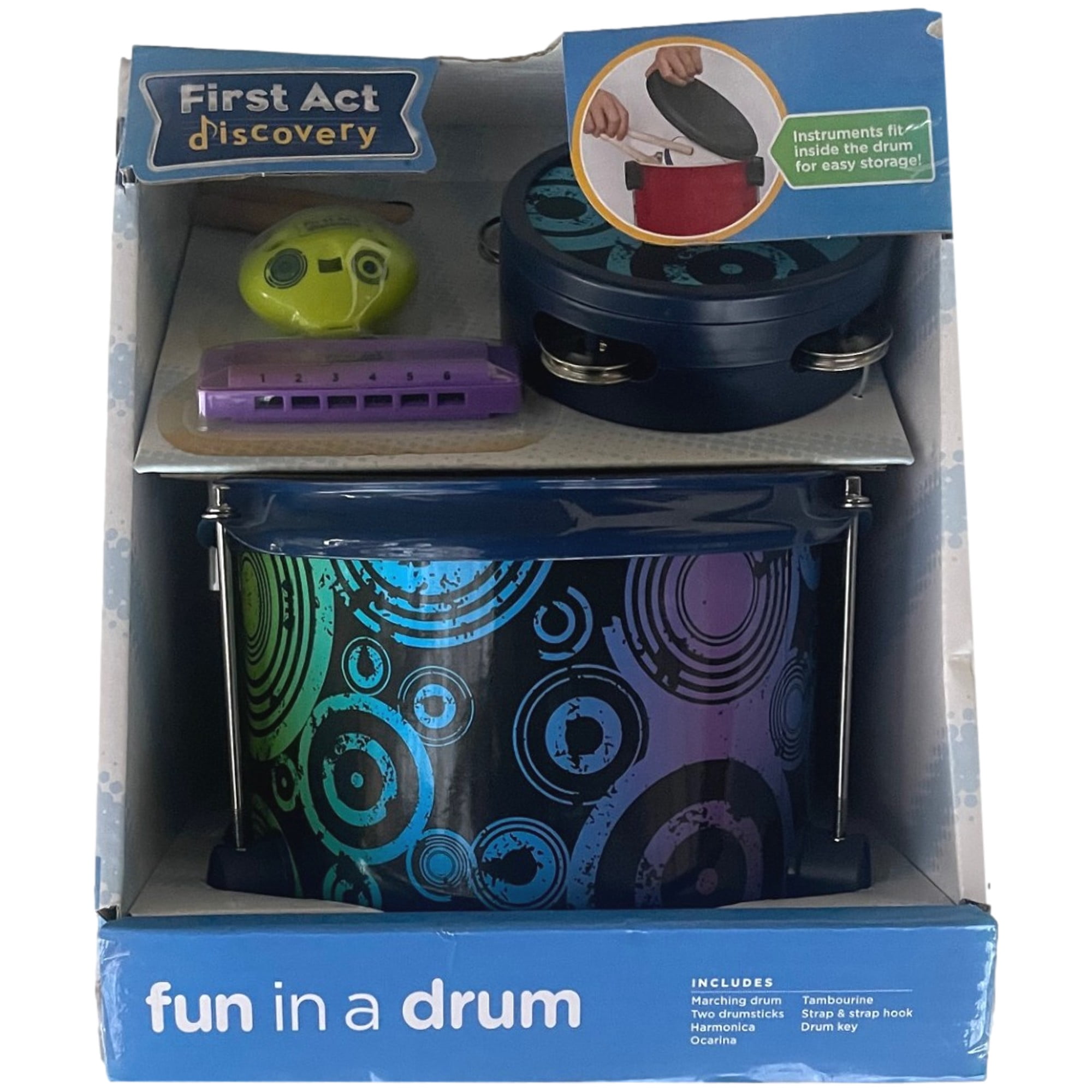 First Act Blue Circle Fun In Drum Musical Instrument Set, Harmonica & Tambourine