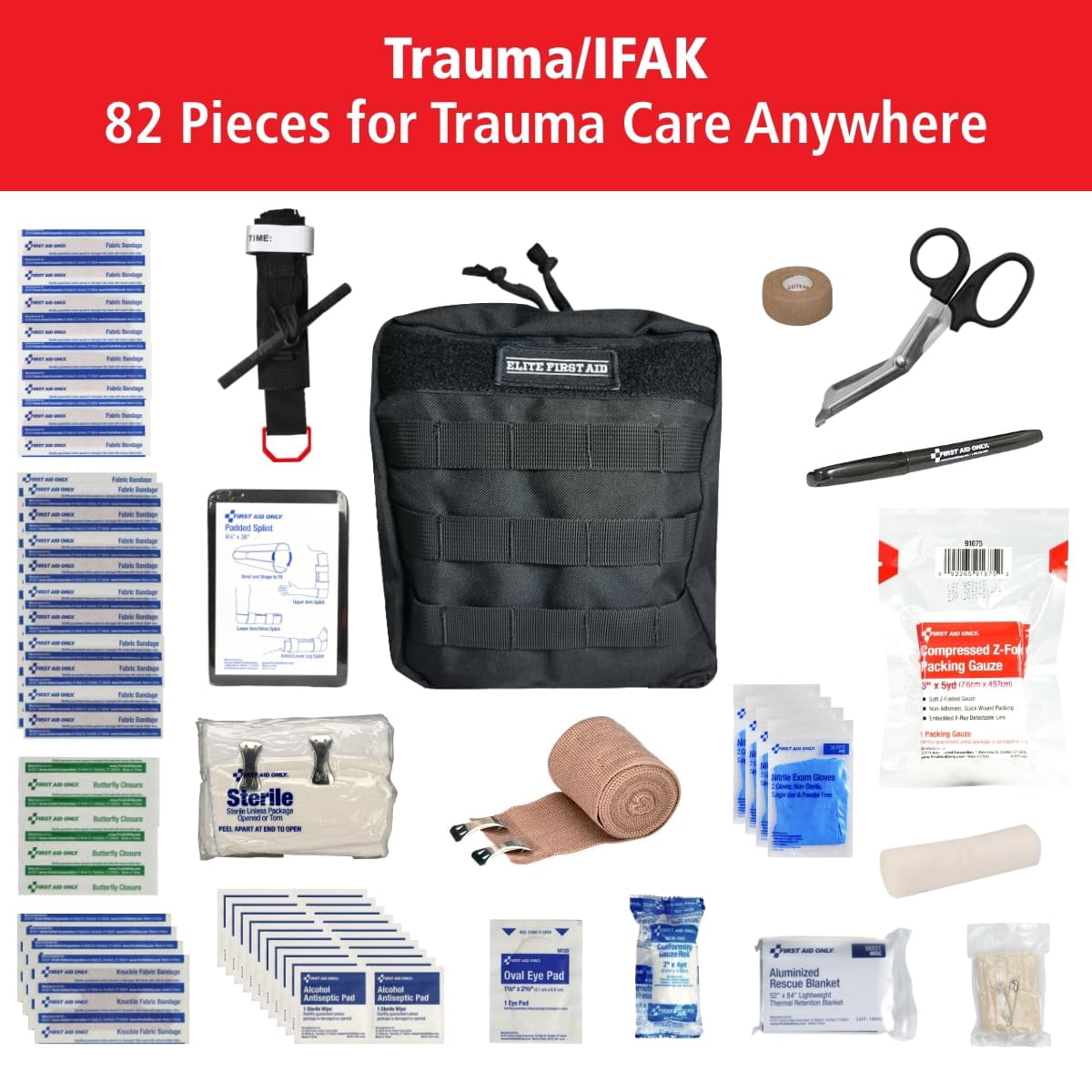 First Aid 82-Piece IFAK Emergency Trauma Kit, MOLLE-Compatible Tactical ...