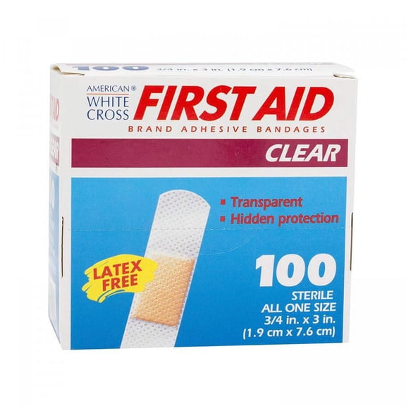 First Aid Adhesive Bandages, Plastic, 3/4 X 3 Inches, Clear, Sterile, 100 Count
