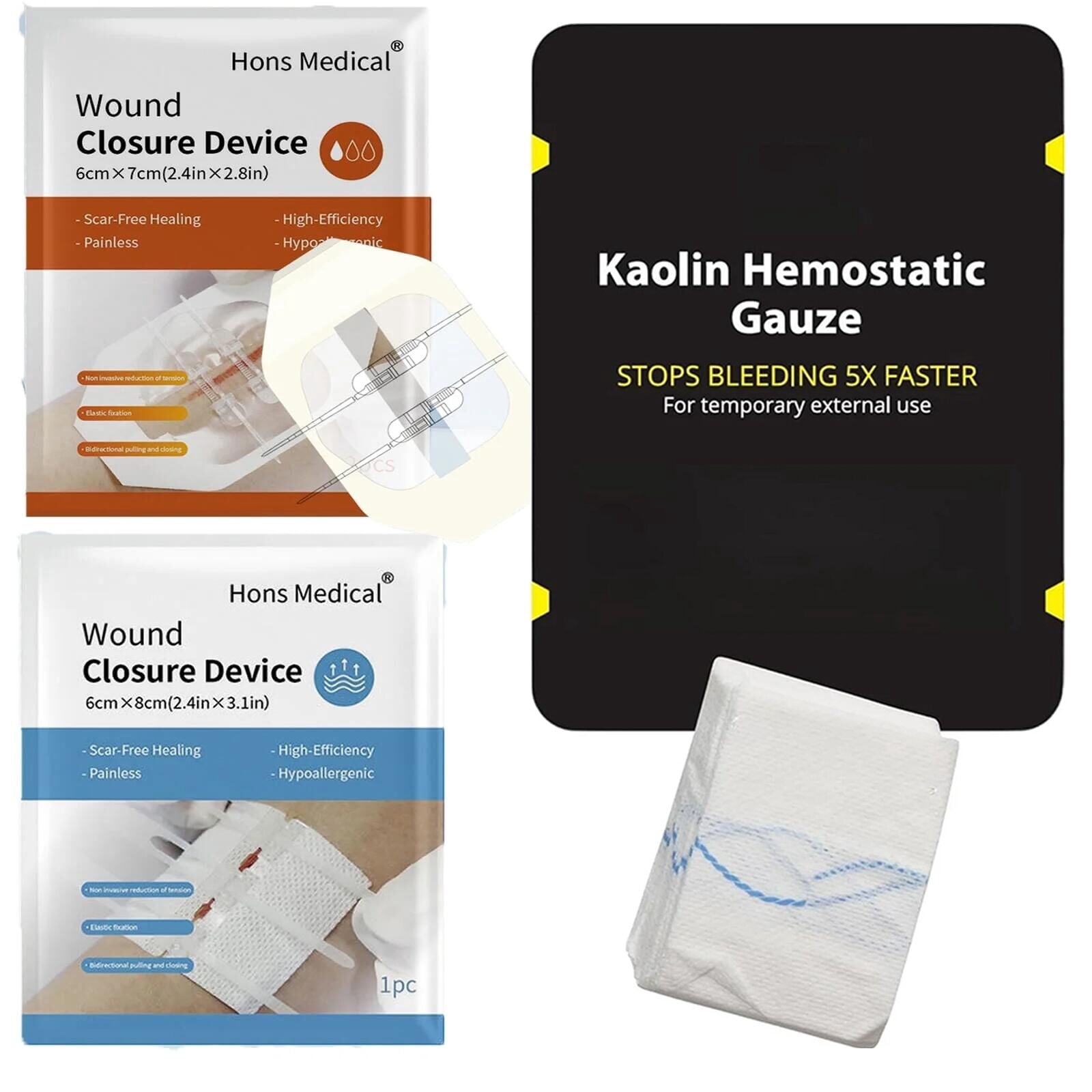 First Aid Advanced Quick Clotting Combat Hemostatic Gauze 3" x 12.5' - Emergency Zip Stitch Wound Closure Strips, Sutures Butterfly Bandaids, Surgical Laceration Repair Without Stiches
