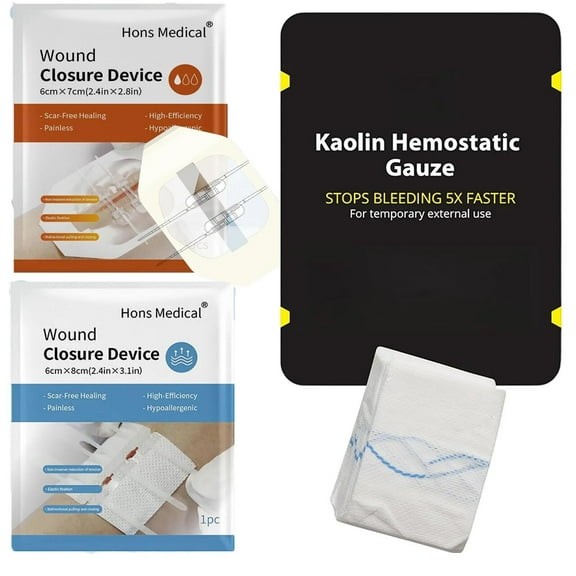 First Aid Advanced Quick Clotting Combat Hemostatic Gauze 3" x 12.5' - Emergency Zip Stitch Wound Closure Strips, Sutures Butterfly Bandaids, Surgical Laceration Repair Without Stiches