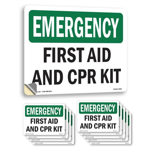 First Aid And CPR Kit OSHA Emergency Vinyl Decal Label 5 Inch x 3.5 Inch - 10 Pack