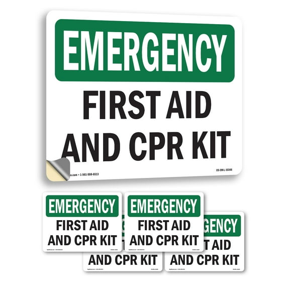 First Aid And CPR Kit OSHA Emergency Vinyl Decal Label 5 Inch x 3.5 Inch - 5 Pack