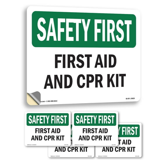 First Aid And CPR Kit OSHA SAFETY FIRST Vinyl Decal Label 10 Inch x 7 Inch - 5 Pack