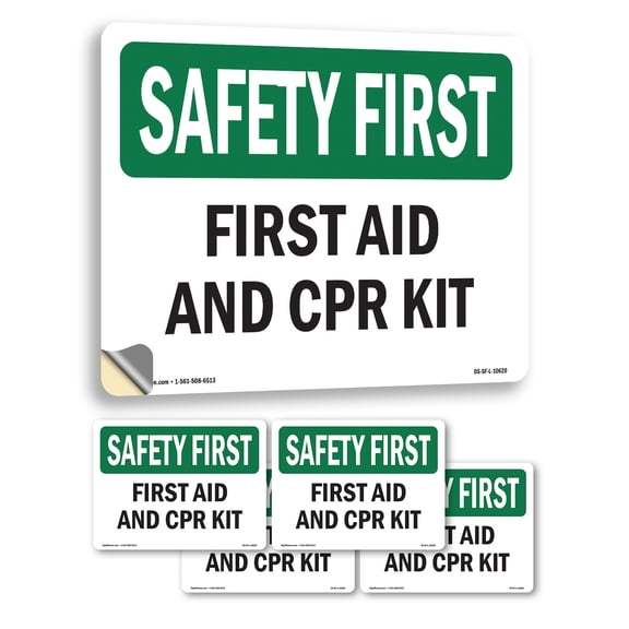 First Aid And CPR Kit OSHA SAFETY FIRST Vinyl Decal Label 5 Inch x 3.5 Inch - 5 Pack