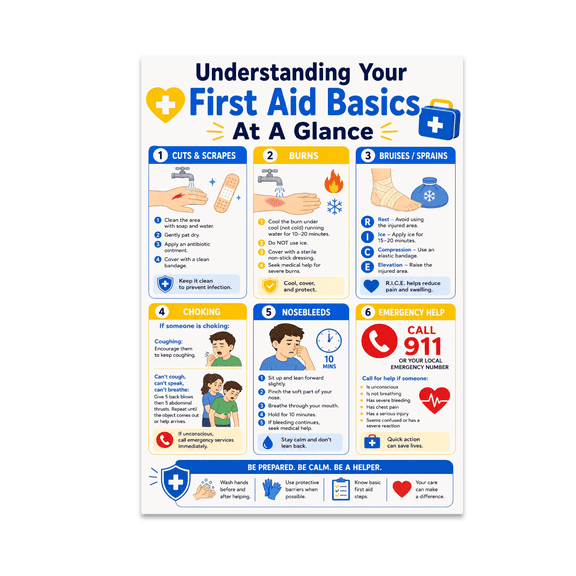 First Aid Basics Home Wall Decor - Educational Chart - 13x19 Poster Print