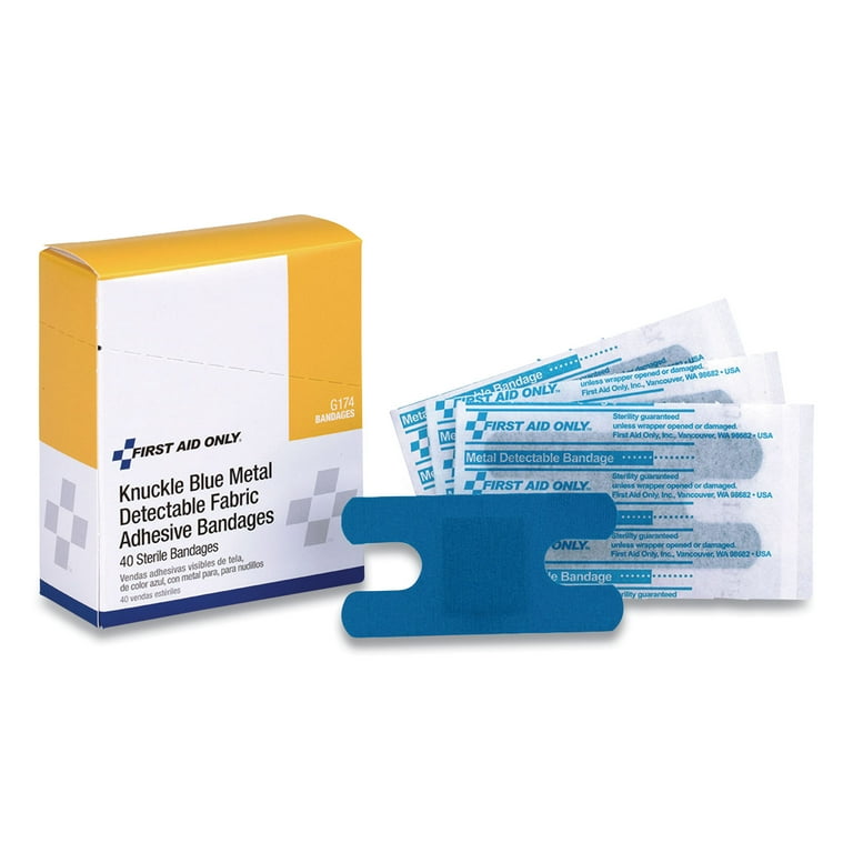Blue Metal Detectable Fabric Adhesive Bandages, Four-Wing Knuckle, 1.5 x 3, 40/Box Blue Metal Detectable Fabric Adhesive Bandages, Four-Wing Knuckle, 1.5 x 3, 40/Box
