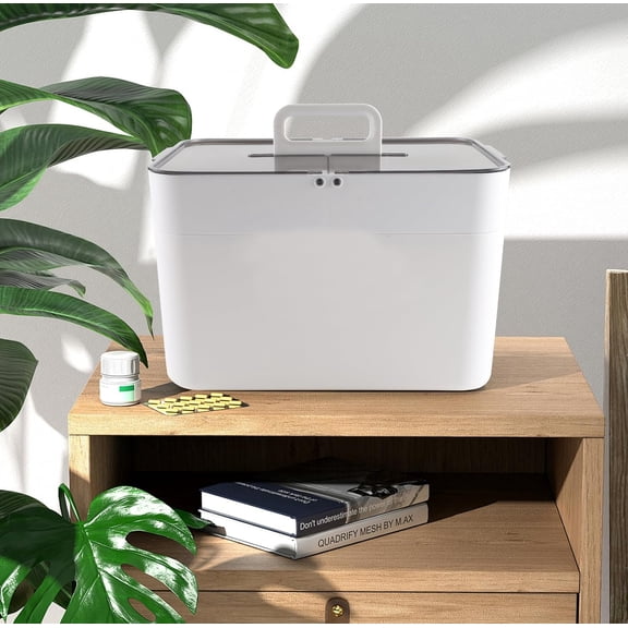 First Aid Box and Medicine Box Travel, Plastic Medicine Kit Case Container Empty, Organizer with Lock Lid & Handle, Emergency Supplies Organizer for Family and Traveling, White