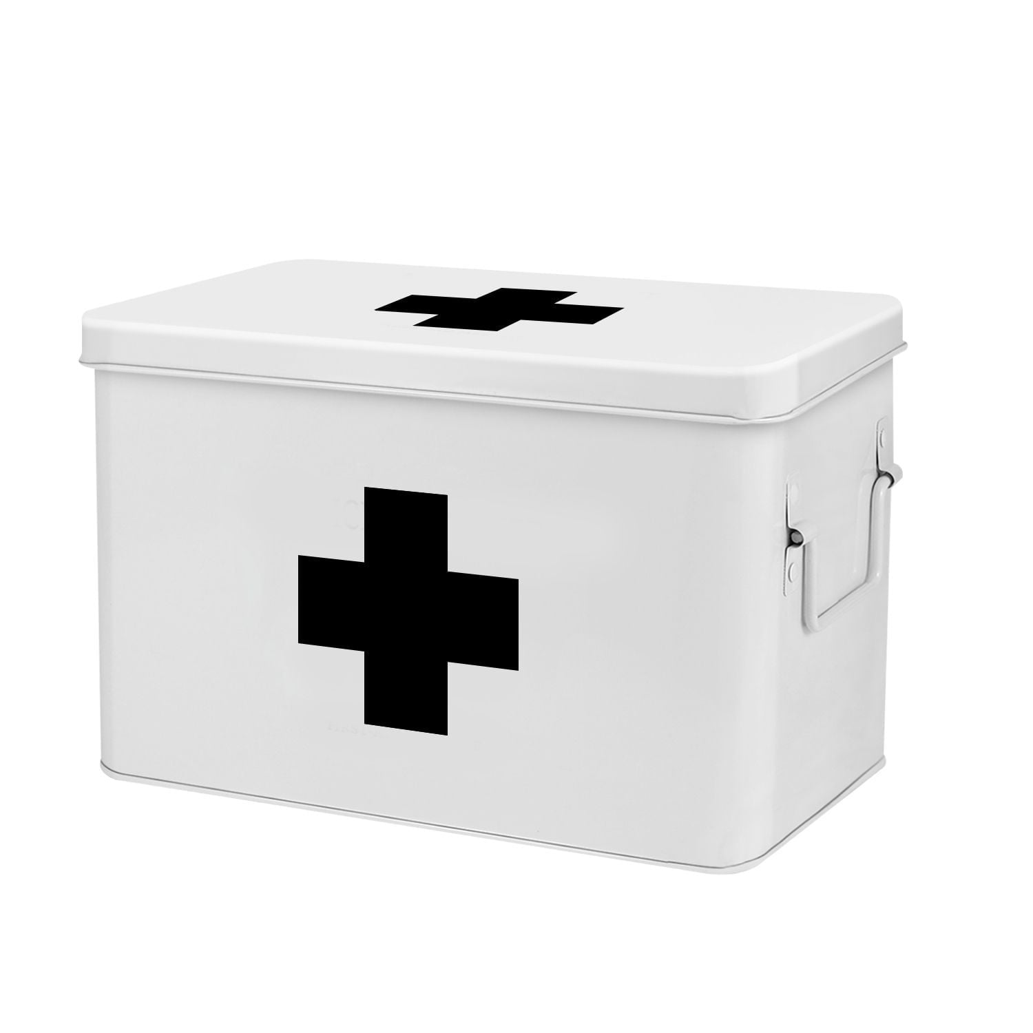 First Aid Box Organizer - Empty 13" White Vintage First Aid Kit Tin Metal Medical Box - First Aid Storage Box Container Bins with Dividers, Removable Tray and Black Cross Logo