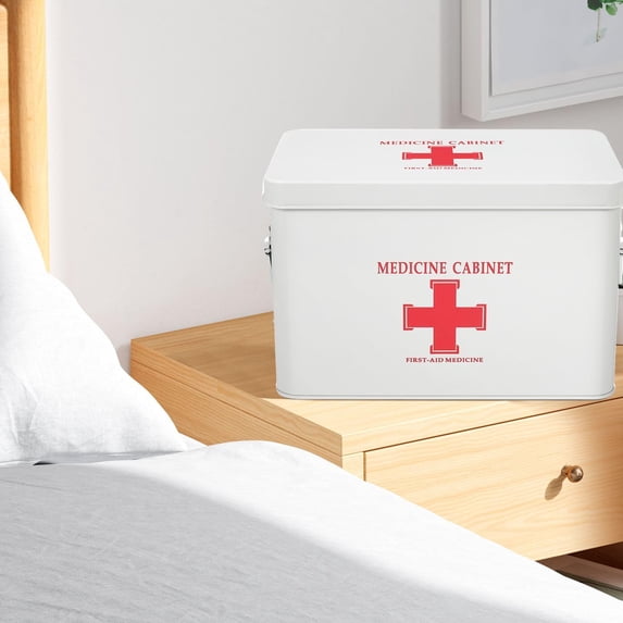 First Aid Box Organizer Empty 13" White Vintage First Aid Kit Tin Metal Medical Box - First Aid Storage Box Container Bins with Dividers, Removable Tray and Red Cross Logo