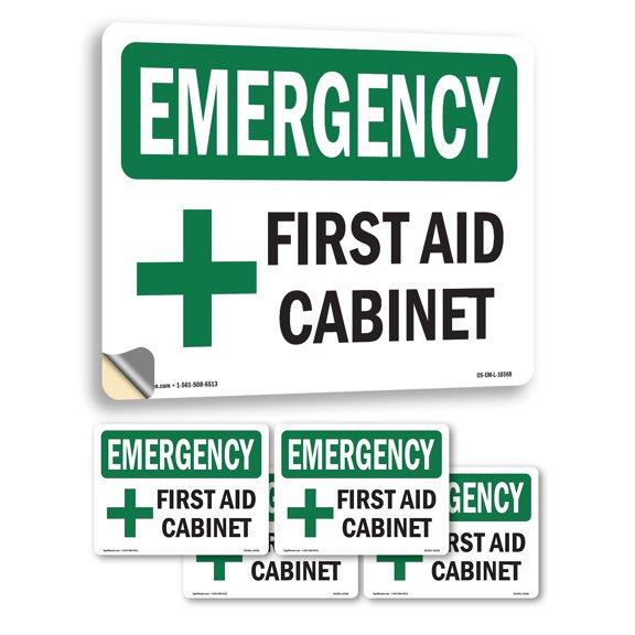 First Aid Cabinet With Symbol OSHA Emergency Vinyl Decal Label 5 Inch x 3.5 Inch - 5 Pack