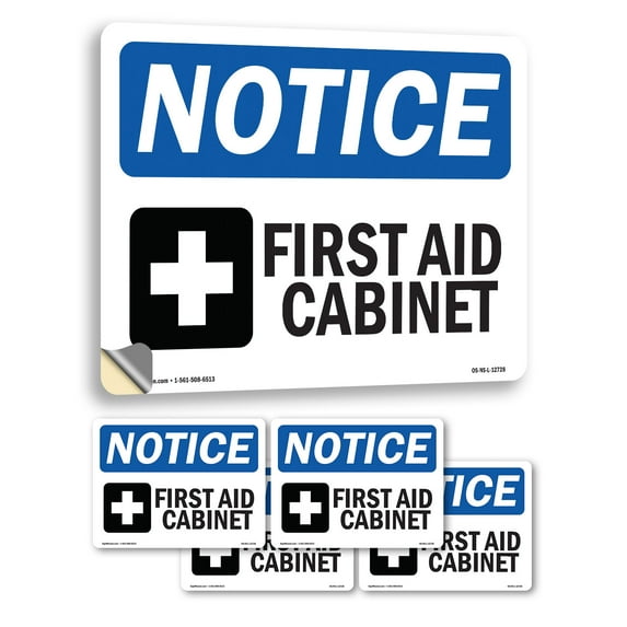 First Aid Cabinet With Symbol OSHA Notice Vinyl Decal Label 7 Inch x 5 Inch - 5 Pack