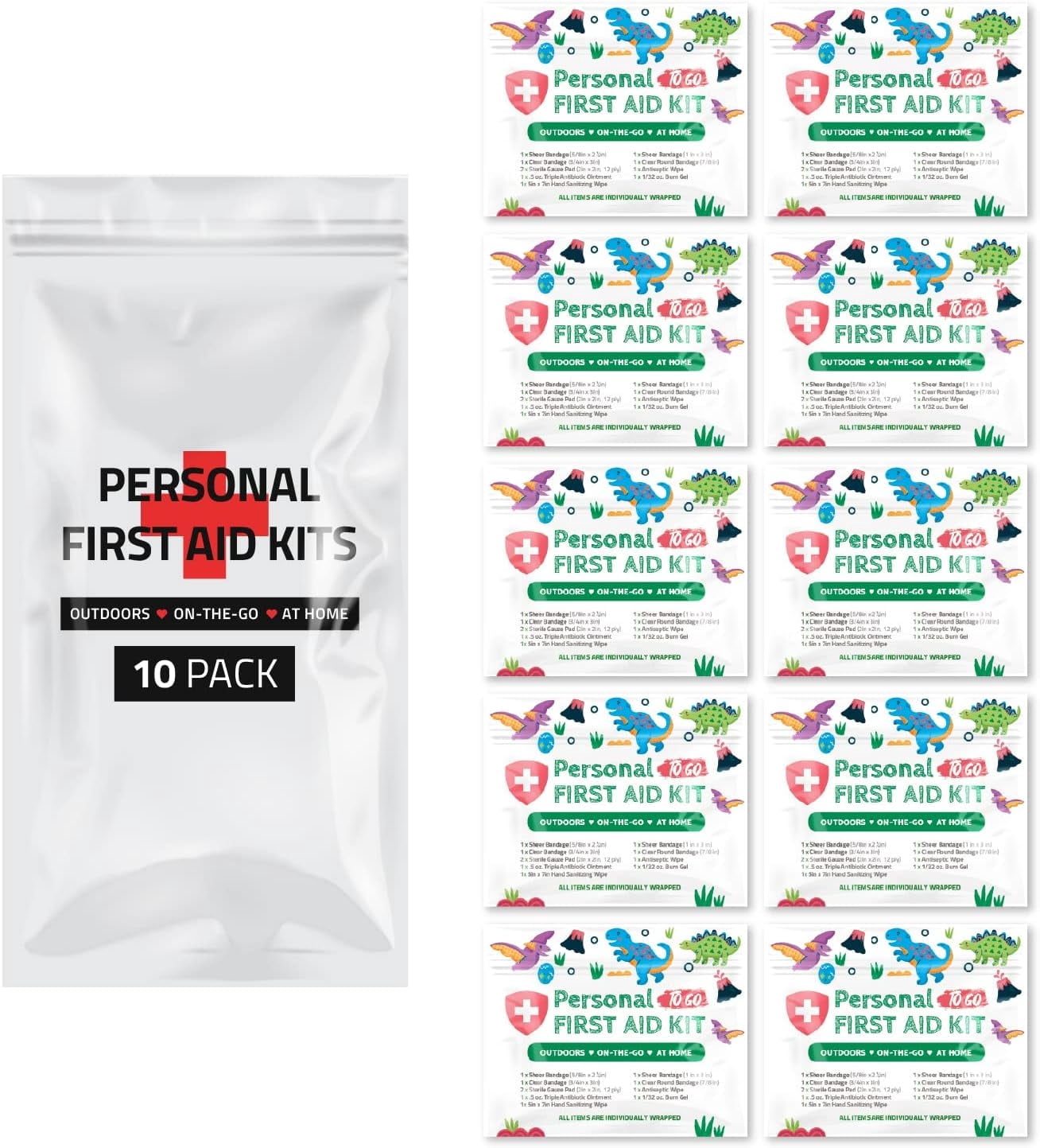 First Aid Emergency Medical Kit Mini and Travel Size - 10 Pack | Great for Kids, Schools, Business, Hiking, Camping | Wound Care Products (Dinos)