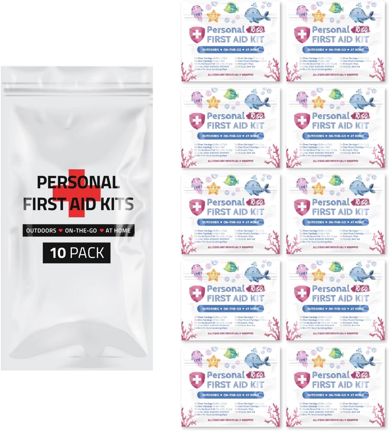 First Aid Emergency Medical Kit Mini and Travel Size - 10 Pack | Great for Kids, Schools, Business, Hiking, Camping | Wound Care Products (Sea Life)