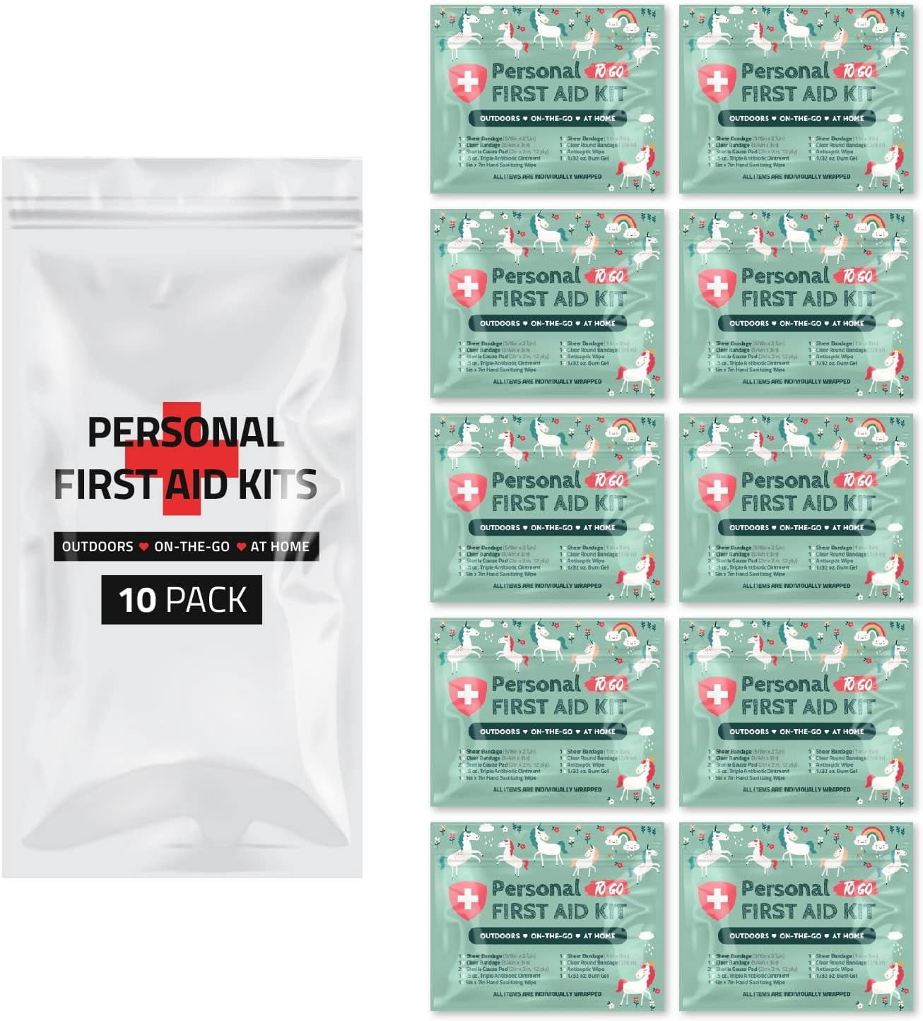 First Aid Emergency Medical Kit Mini and Travel Size - 10 Pack | Great for Kids, Schools, Business, Hiking, Camping | Wound Care Products (Unicorns)