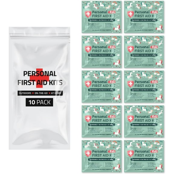 First Aid Emergency Medical Kit Mini and Travel Size - 10 Pack | Great for Kids, Schools, Business, Hiking, Camping | Wound Care Products (Unicorns)