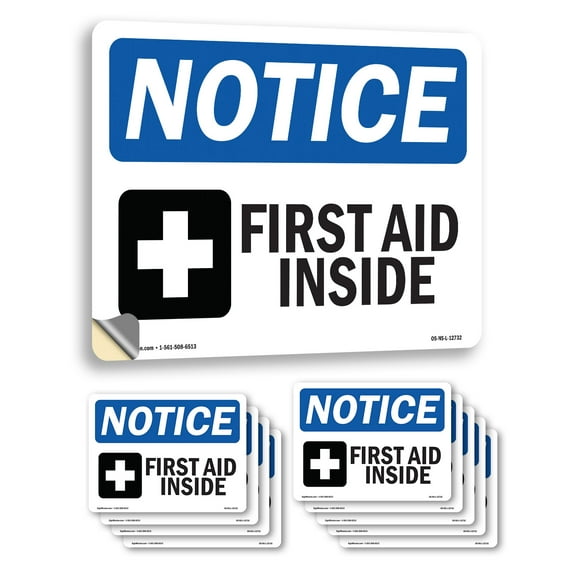 First Aid Inside With Symbol OSHA Notice Vinyl Decal Label 5 Inch x 3.5 Inch - 10 Pack