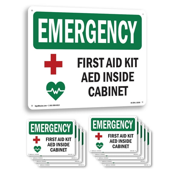 First Aid Kit AED Inside Cabinet With Symbol OSHA Emergency Aluminum Sign 14 Inch x 10 Inch - 10 Pack