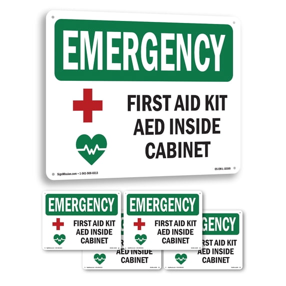 First Aid Kit AED Inside Cabinet With Symbol OSHA Emergency Aluminum Sign 18 Inch x 12 Inch - 5 Pack