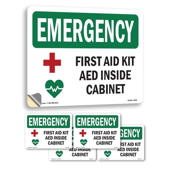 First Aid Kit AED Inside Cabinet With Symbol OSHA Emergency Vinyl Decal Label 5 Inch x 3.5 Inch - 5 Pack