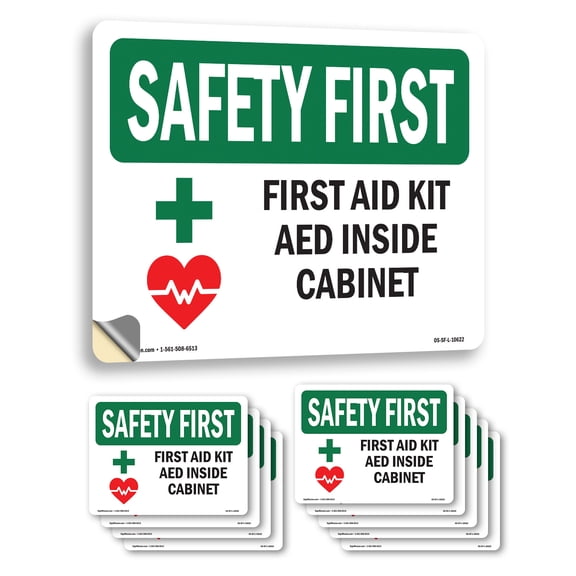 First Aid Kit AED Inside Cabinet With Symbol OSHA SAFETY FIRST Vinyl Decal Label 10 Inch x 7 Inch - 10 Pack