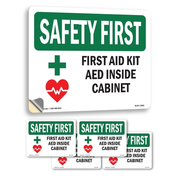 First Aid Kit AED Inside Cabinet With Symbol OSHA SAFETY FIRST Vinyl Decal Label 7 Inch x 5 Inch - 5 Pack