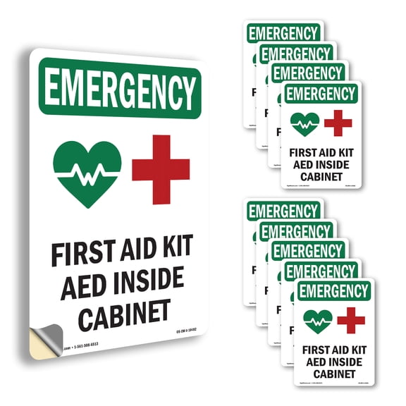 First Aid Kit AED With Symbol OSHA Emergency Vinyl Decal Label 24 Inch x 18 Inch - 10 Pack