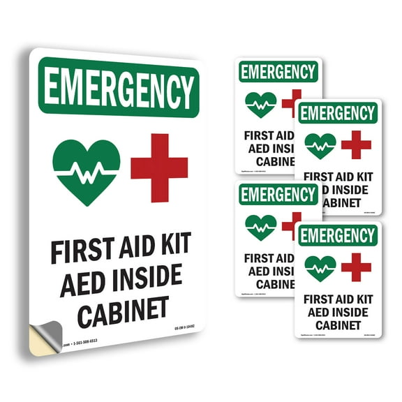 First Aid Kit AED With Symbol OSHA Emergency Vinyl Decal Label 5 Inch x 3.5 Inch - 5 Pack