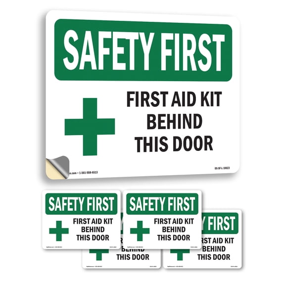 First Aid Kit Behind This Door With Symbol OSHA SAFETY FIRST Vinyl Decal Label 5 Inch x 3.5 Inch - 5 Pack