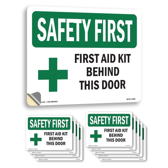 First Aid Kit Behind This Door With Symbol OSHA SAFETY FIRST Vinyl Decal Label 7 Inch x 5 Inch - 10 Pack